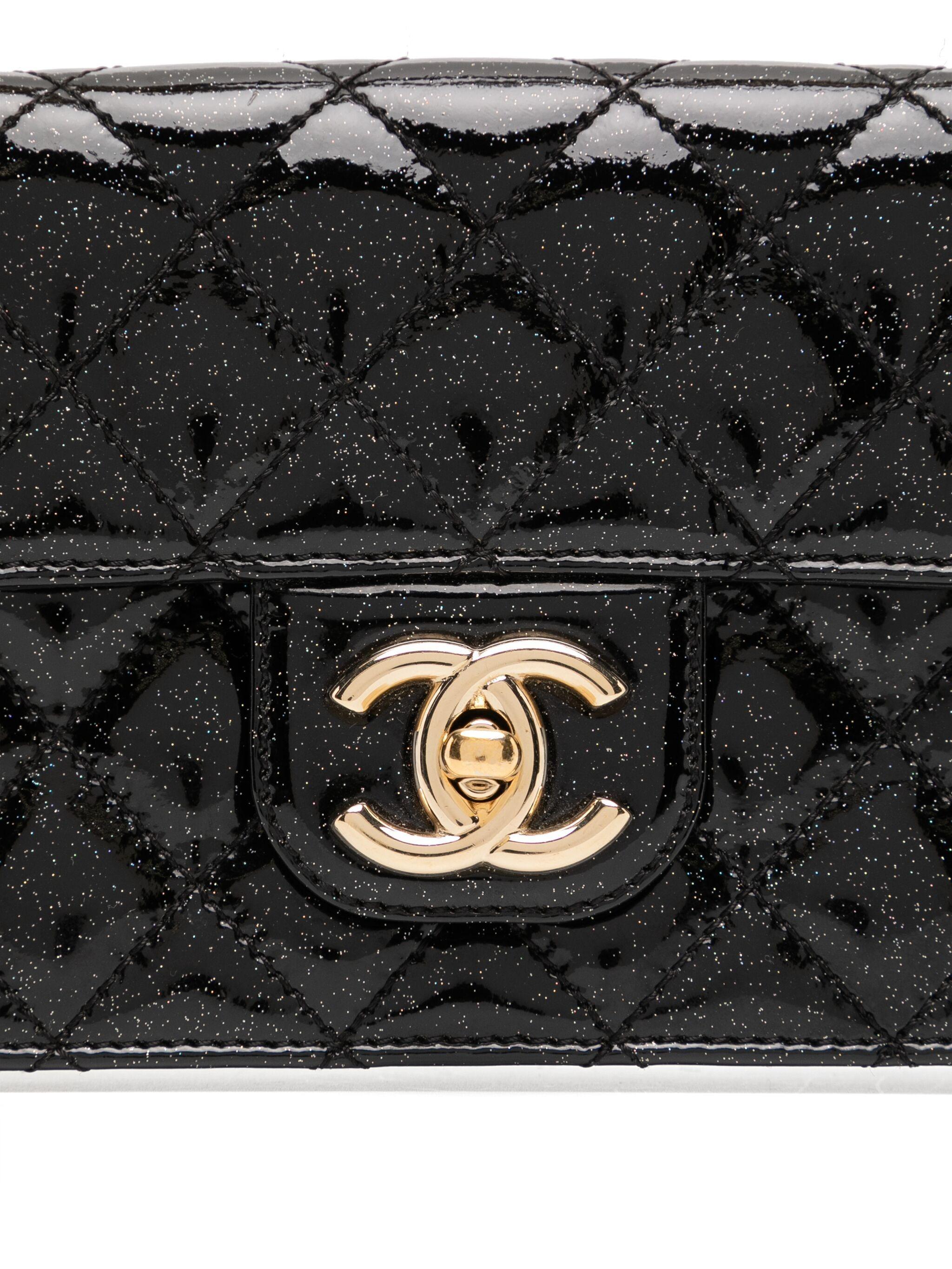 Chanel Long Patent East West Leather Structured Gala Classic Flap Bag In Good Condition For Sale In Miami, FL