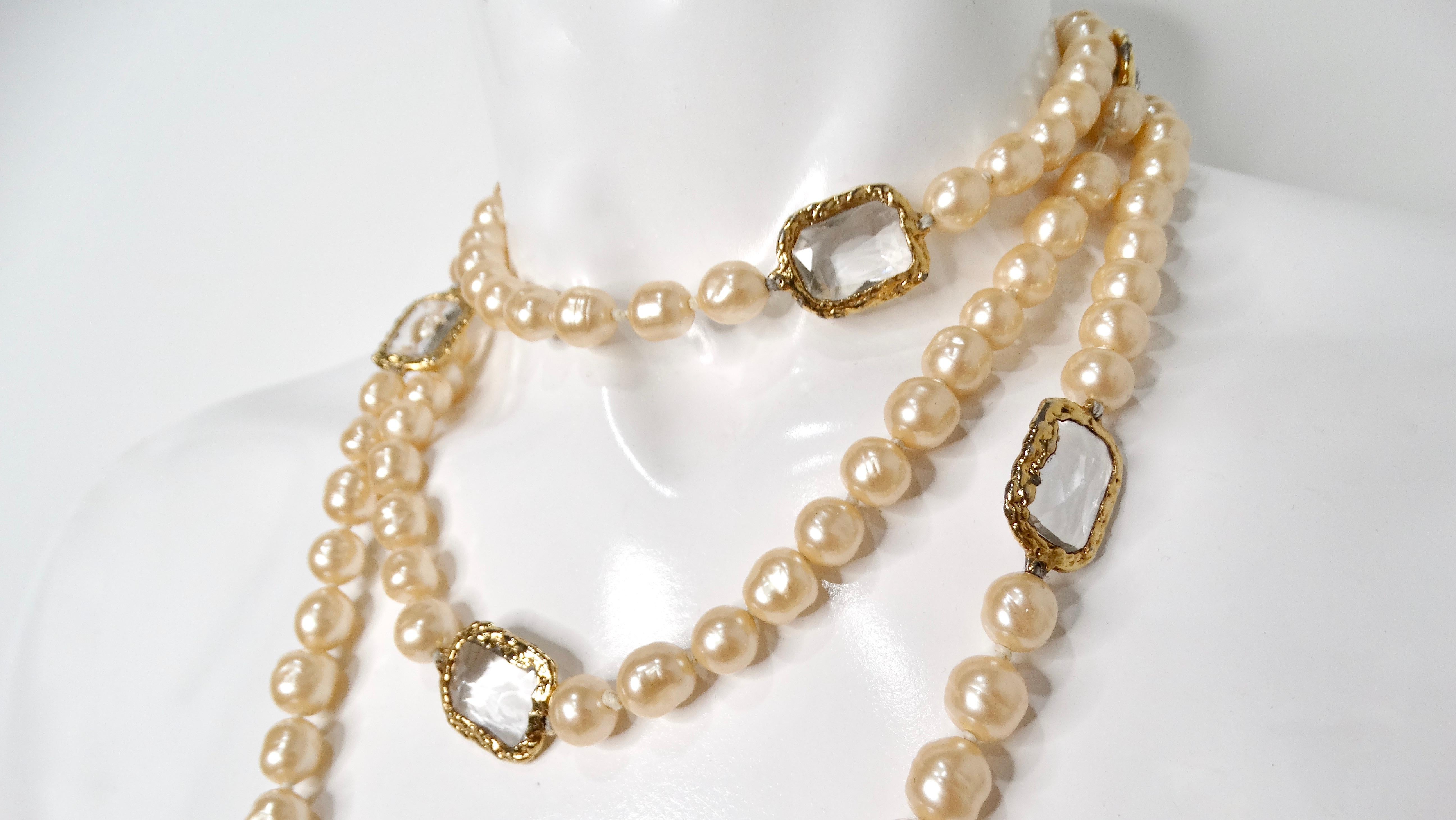Chanel Long Pearl Swarovski Crystal Chicklet Necklace circa 1980s In Good Condition For Sale In Scottsdale, AZ