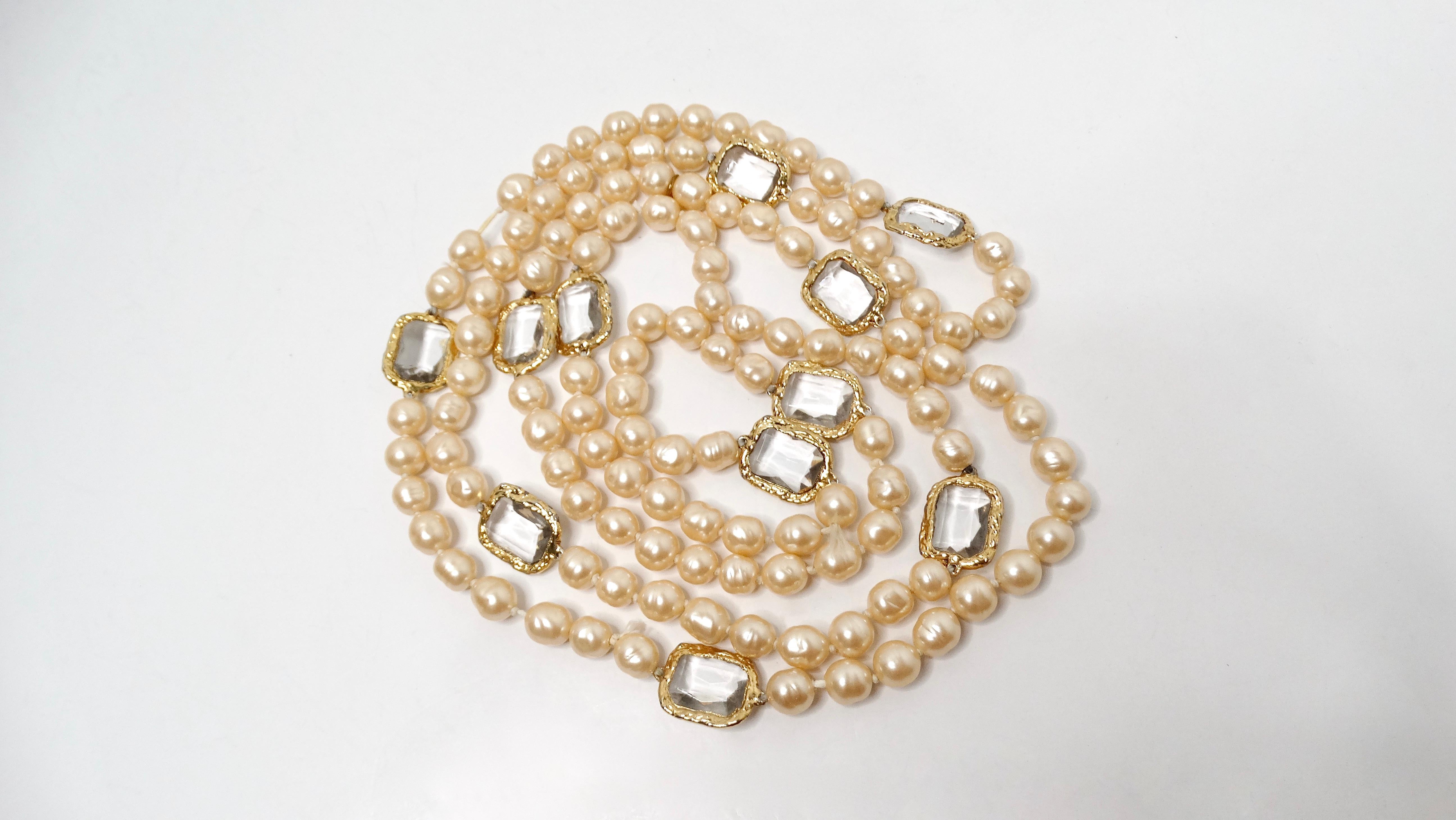 Women's Chanel Long Pearl Swarovski Crystal Chicklet Necklace circa 1980s For Sale