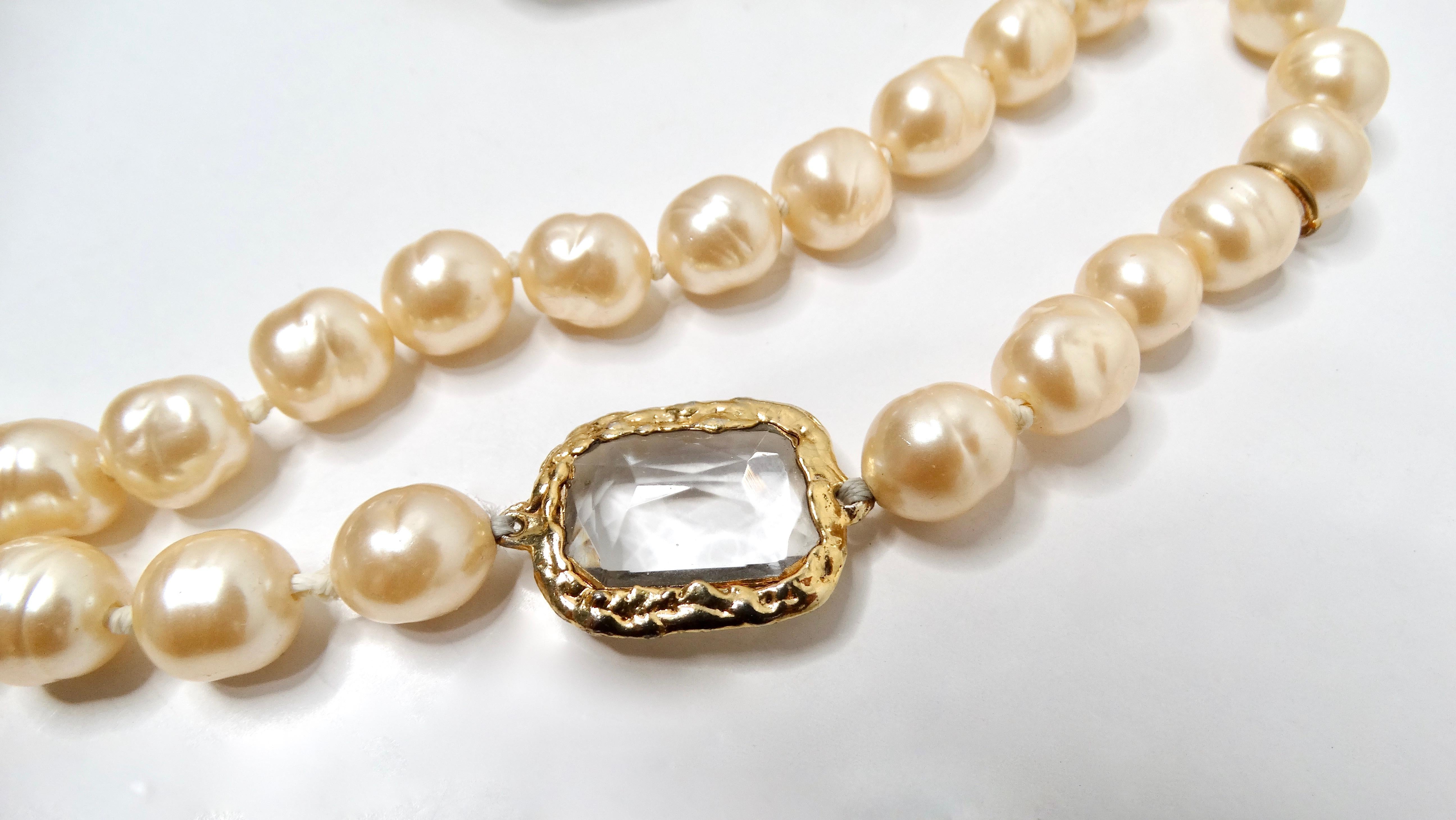 Chanel Long Pearl Swarovski Crystal Chicklet Necklace circa 1980s For Sale 1
