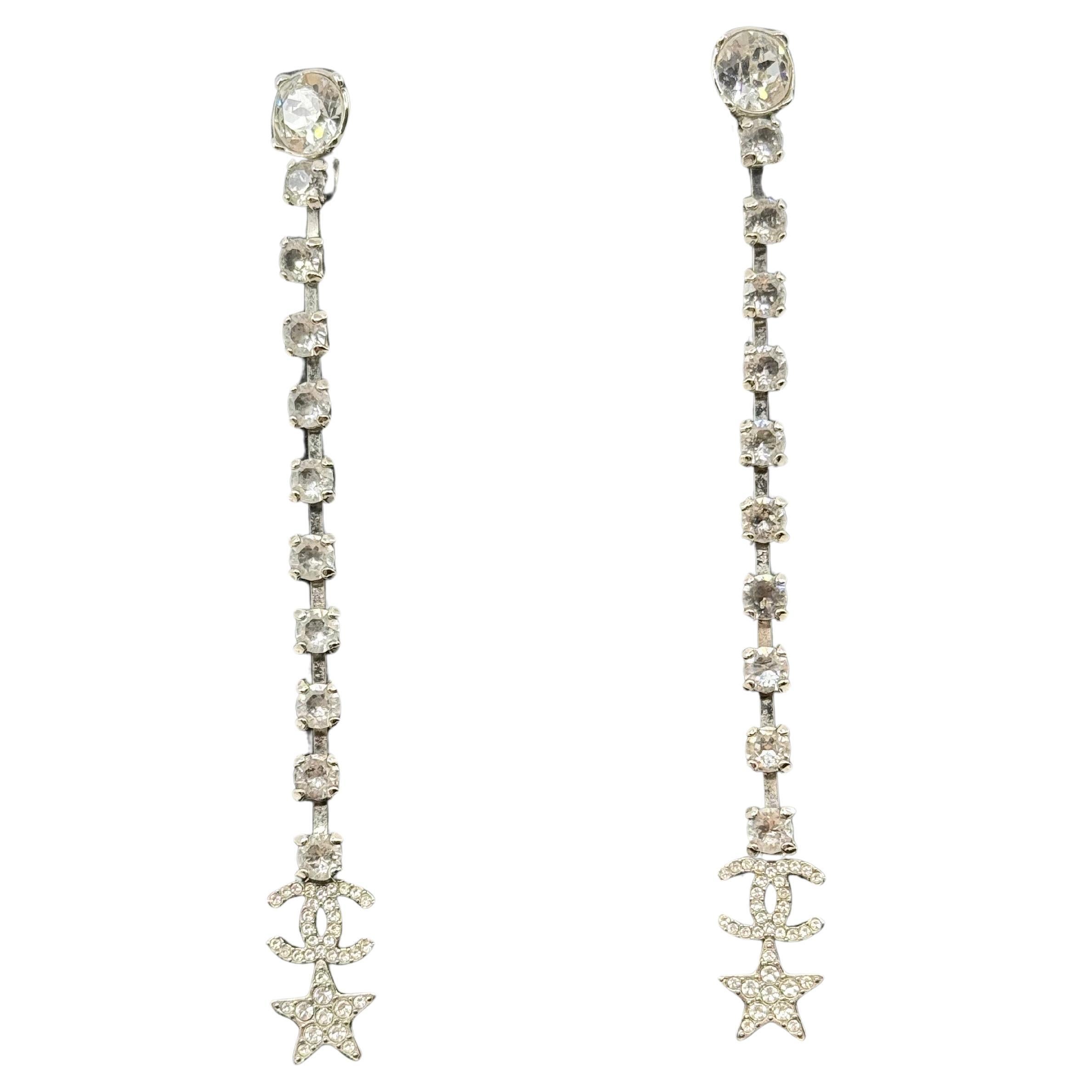 Chanel Long Silver Crystal Drop CC Star Earrings