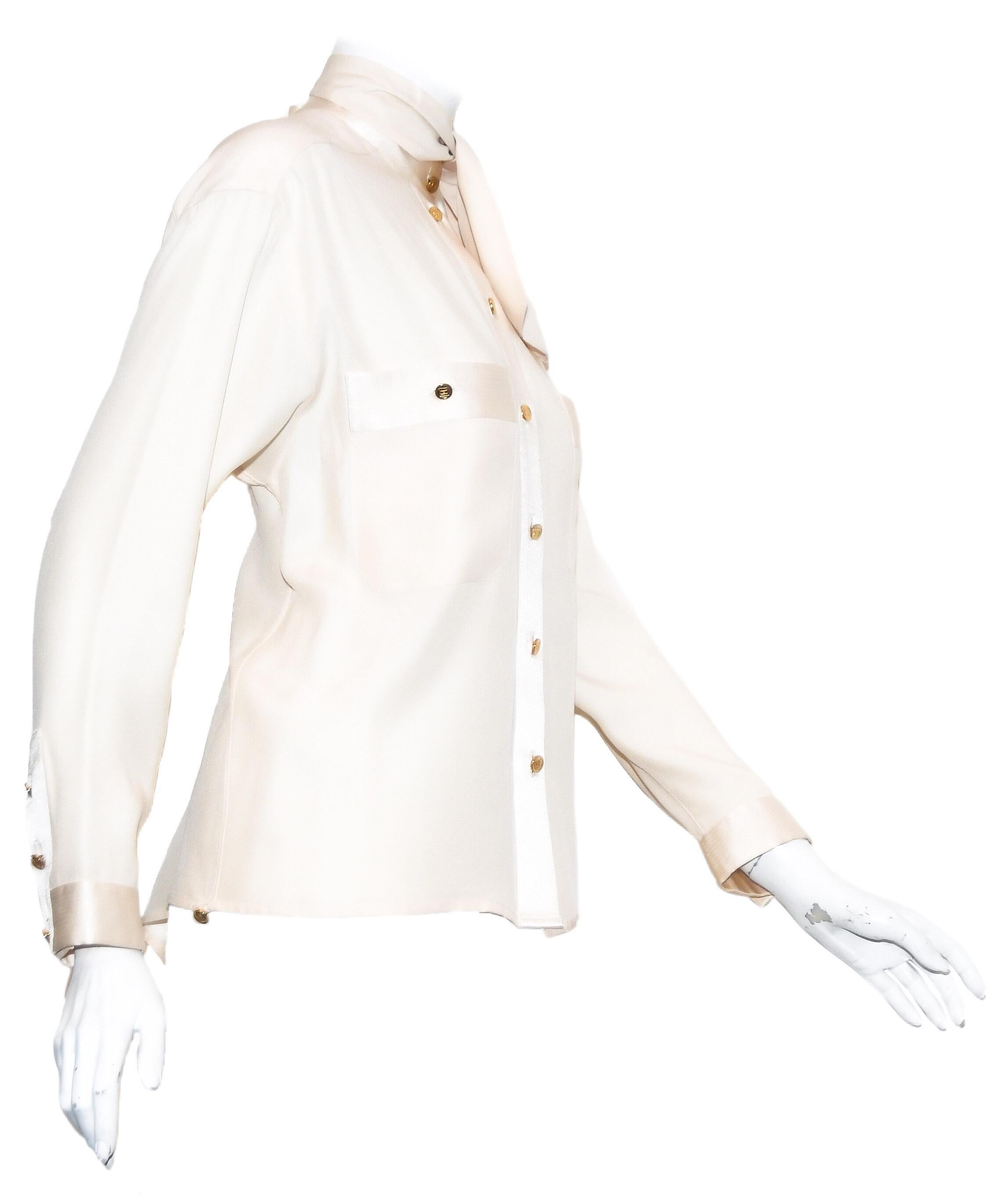 Chanel Long Sleeve Blouse with Mandarin Collar Front Pockets In Excellent Condition In Palm Beach, FL