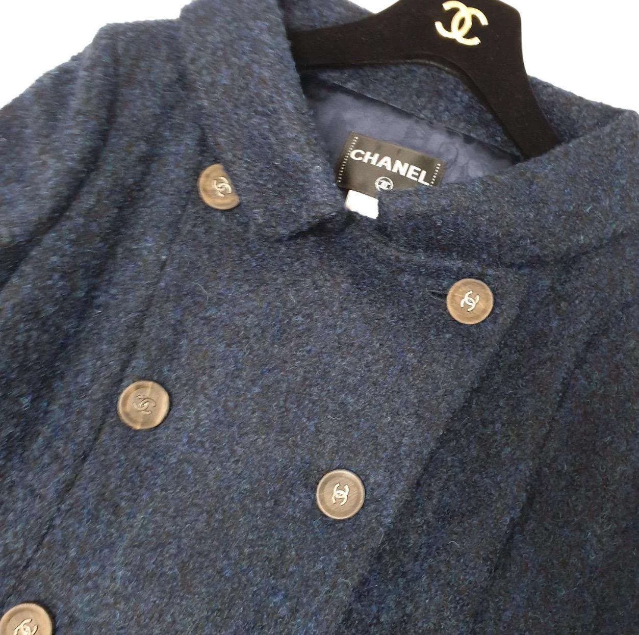 Women's Chanel Long Wool CC Buttons Navy Blue Coat - Size 36 For Sale