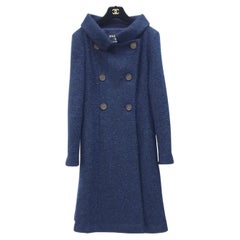 Chanel Long Wool CC Buttons Navy Blue Coat - Size 36