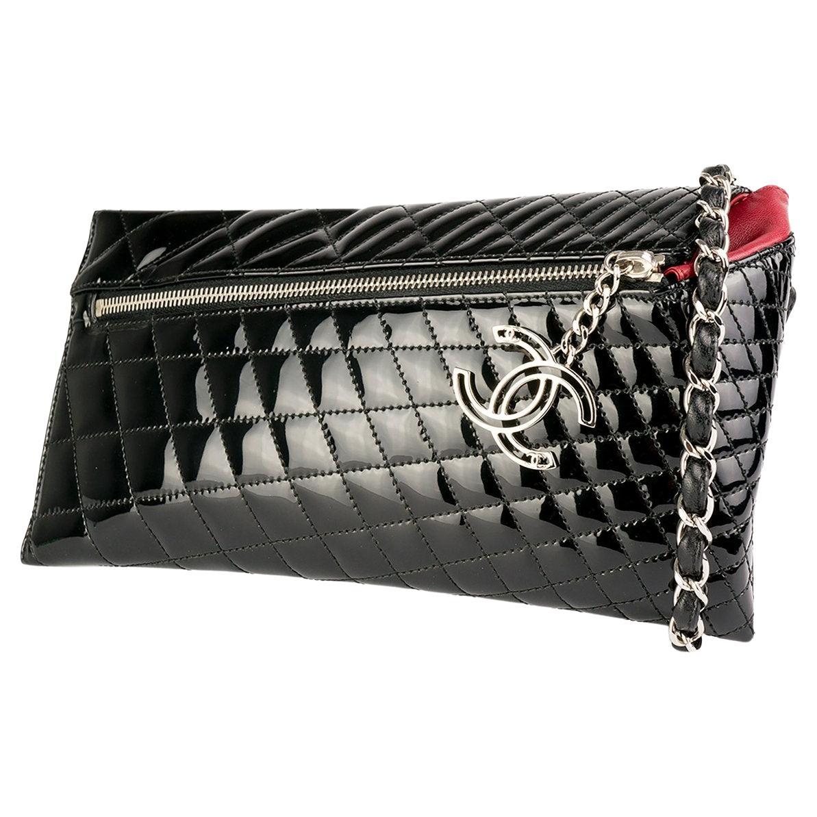 Chanel Long Zip Black Patent Leather Quilted Gala Clutch 