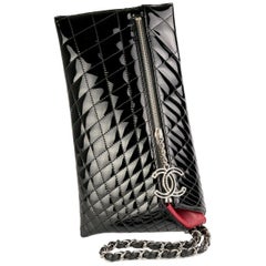 Chanel Long Zip Quilted Black Patent Leather Gala Clutch