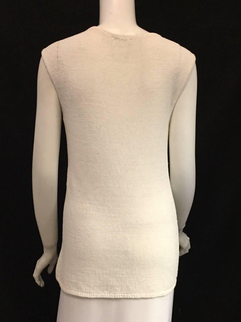 Beige Chanel Longer Length Ivory Stretch Top With V-Neckline and Cap Sleeves 
