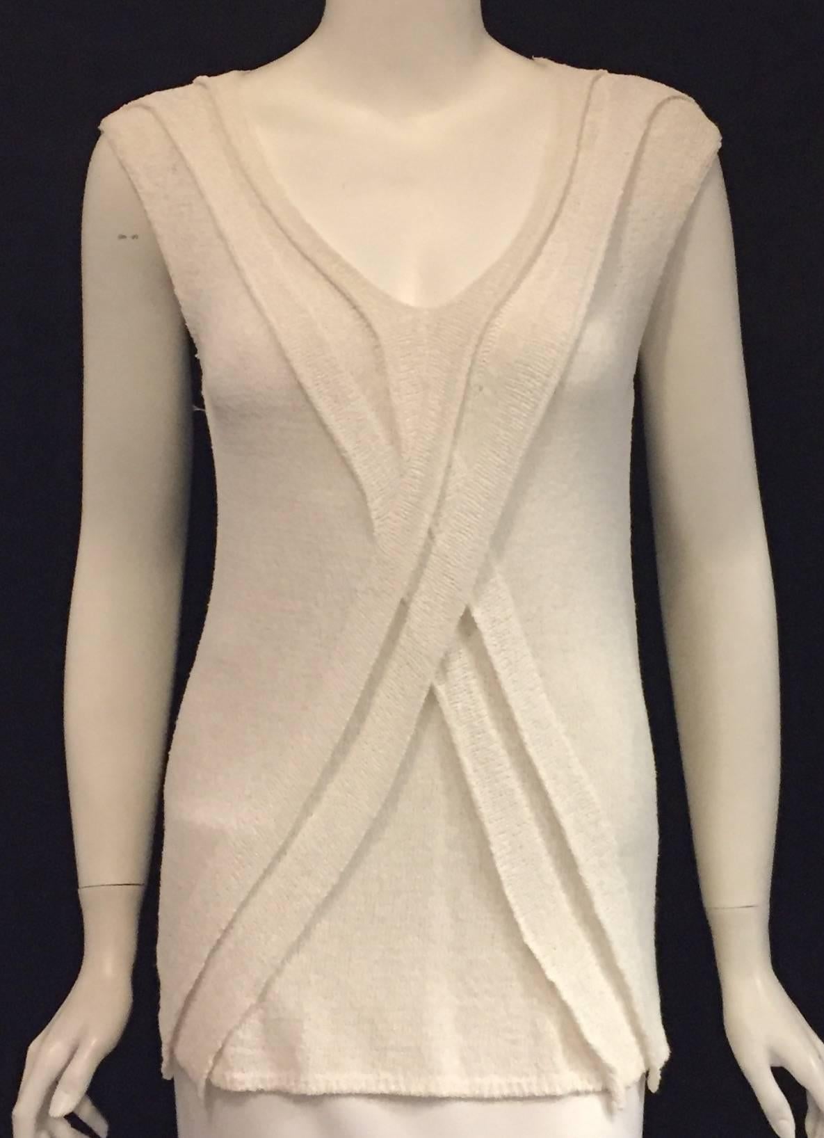Women's Chanel Longer Length Ivory Stretch Top With V-Neckline and Cap Sleeves 