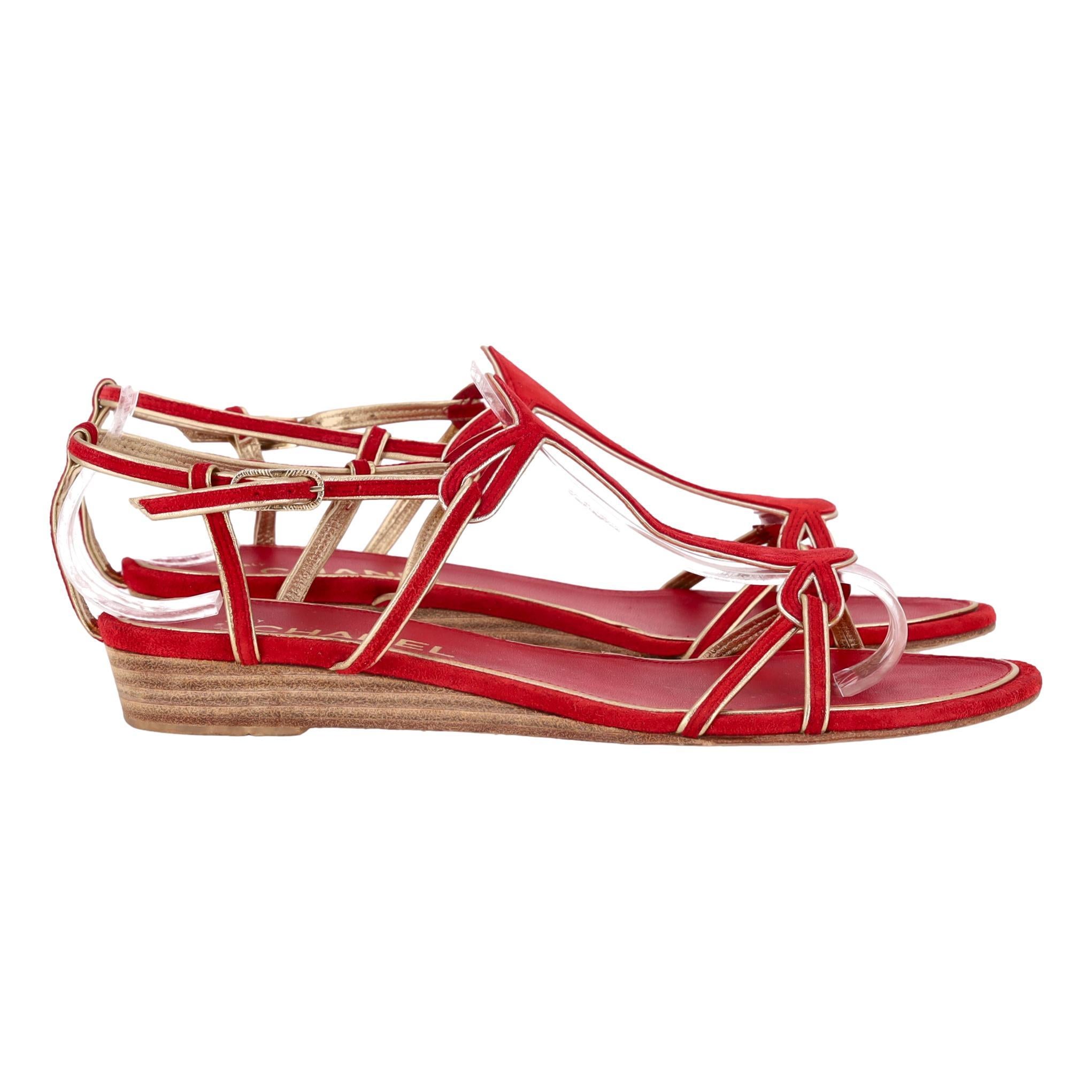 Chanel Low Wedge Suede Sandals With 'CC' Logo Detail In Excellent Condition For Sale In London, GB
