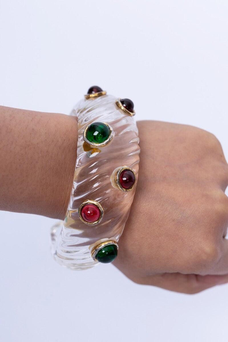 Chanel Lucite Bracelet Decorated with Multi-color Glass Paste Cabochons, 1980s For Sale 4