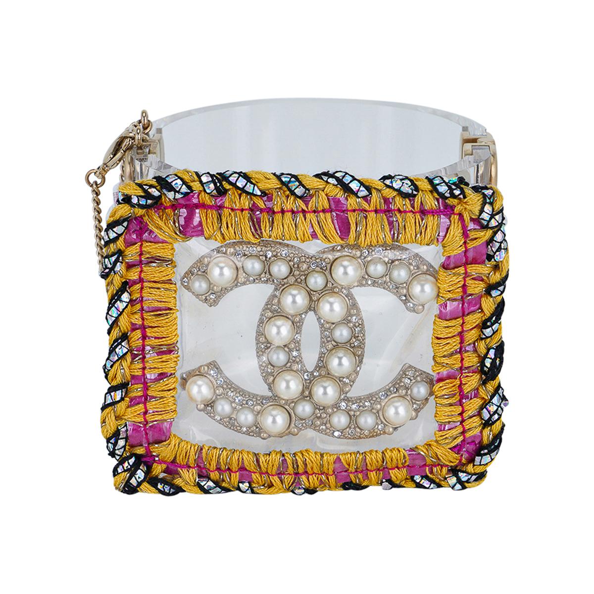 Women's Chanel Lucite / Faux Pearl CC Embroidered Edge Cuff Bracelet S