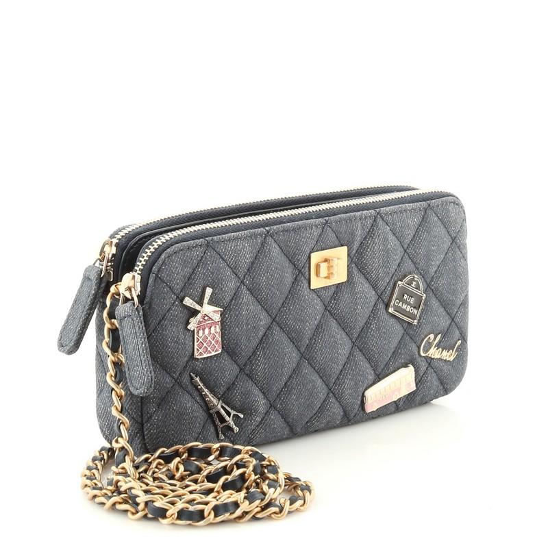 Gray Chanel Lucky Charms Reissue 2.55 Double Zip Clutch With Chain Quilted Denim