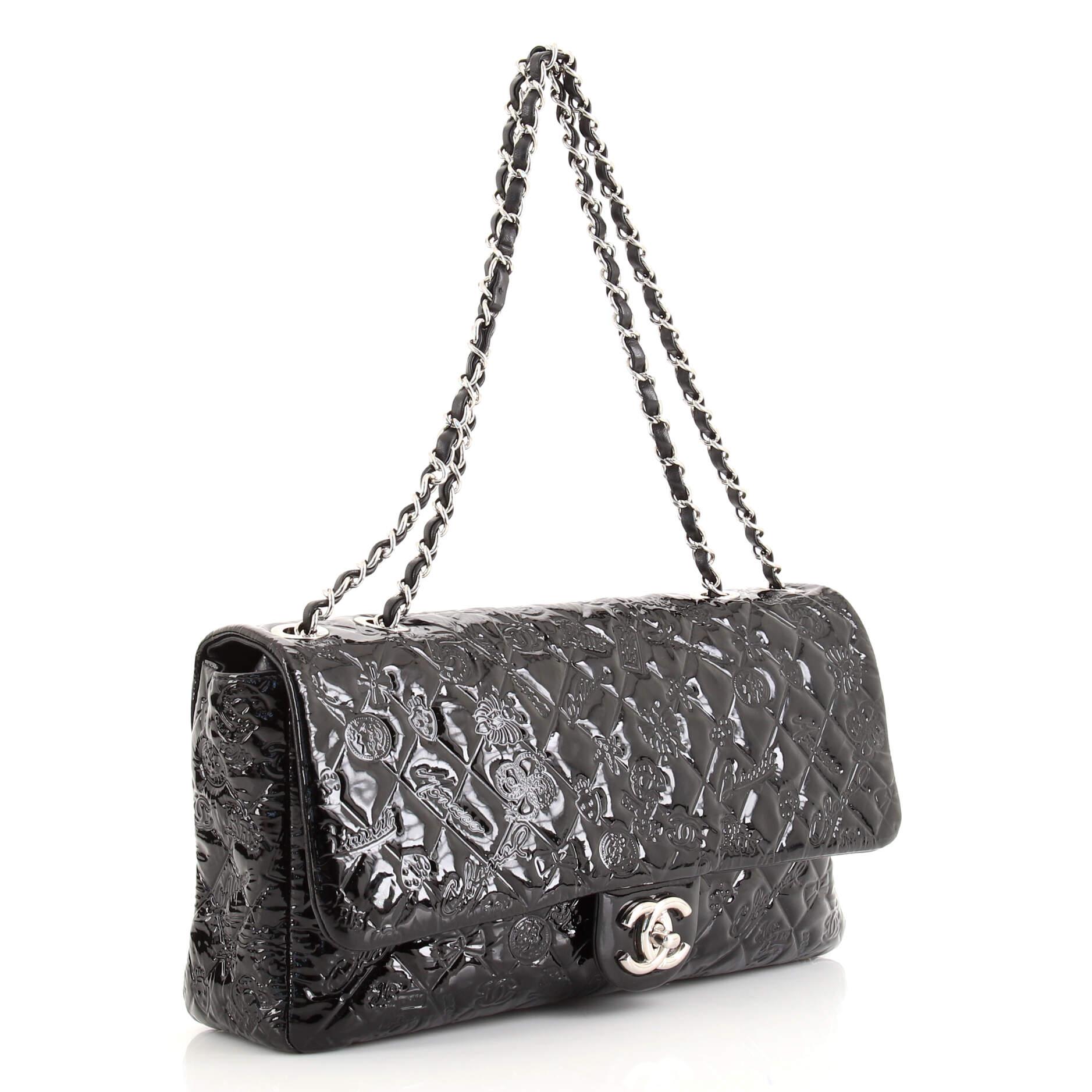 Chanel Lucky Symbols Flap Bag Embossed Patent Jumbo In Good Condition In NY, NY