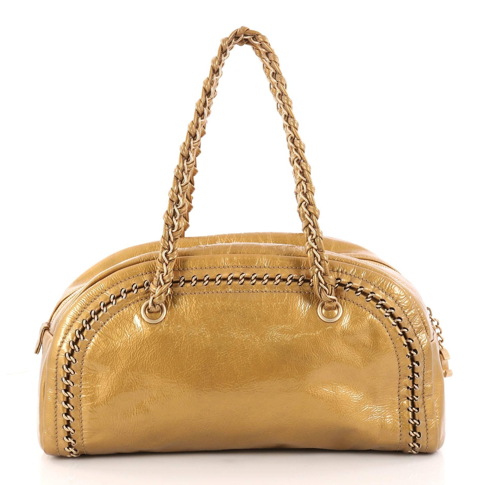 Brown Chanel Luxe Ligne Bowler Bag Patent Medium
