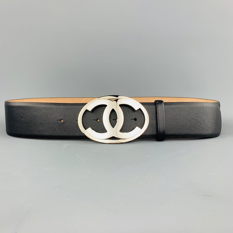 CHANEL M Black Leather Silver Tone CC Logo Oval Buckle Belt at 1stDibs ...