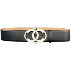 CHANEL M Black Leather Silver Tone CC Logo Oval Buckle Belt