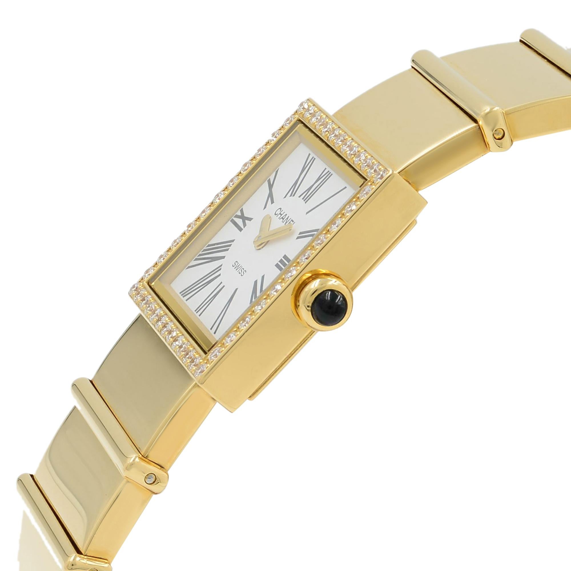 Chanel Mademoiselle 18k Yellow Gold White Roman Dial Diamond Quartz Ladies Watch In Excellent Condition In New York, NY