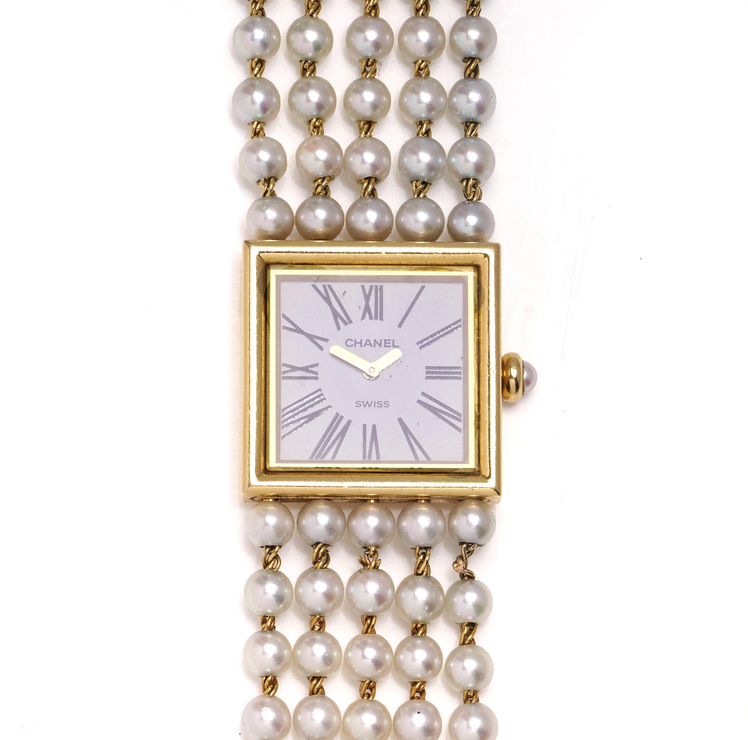 Perle Chanel Mademoiselle 18kt Yellow Gold & Cultured Pearl Bracelet Quartz en vente