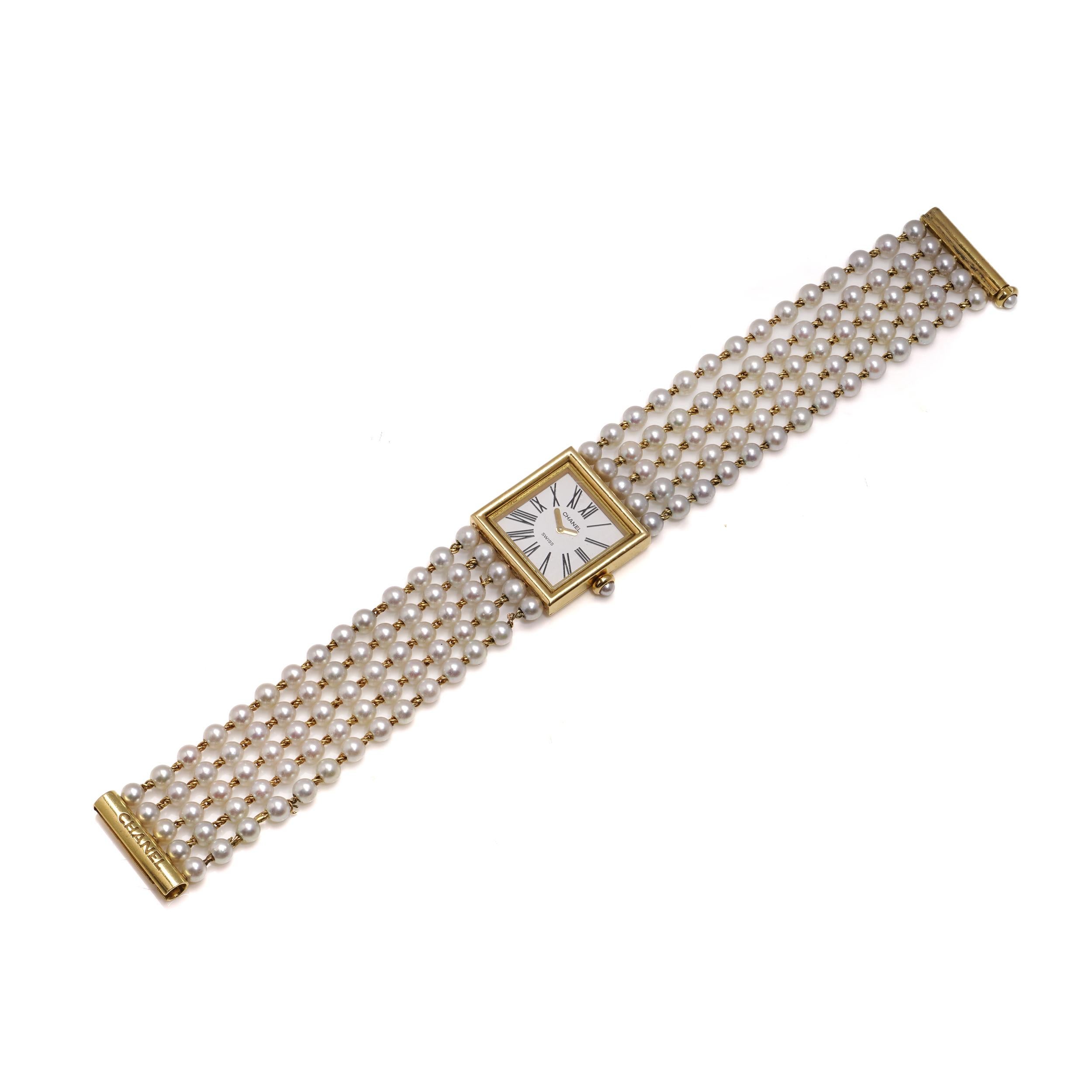 Chanel Mademoiselle 18kt Yellow Gold & Cultured Pearl Bracelet Quartz en vente 1