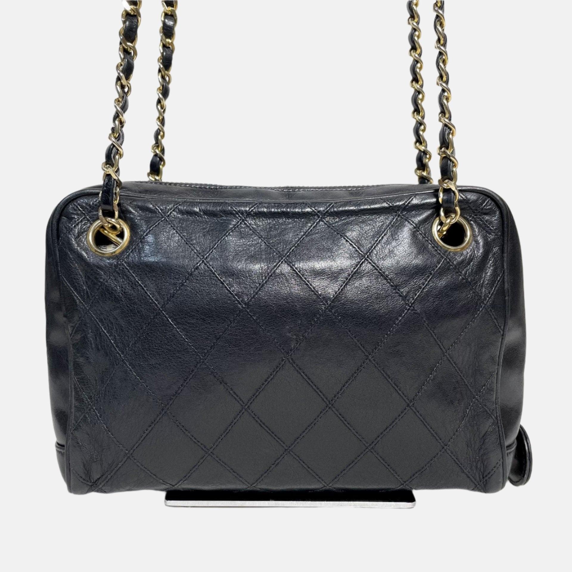 Women's Chanel Mademoiselle Camera Bag Black Double Gold Chain, 1986-1988 For Sale