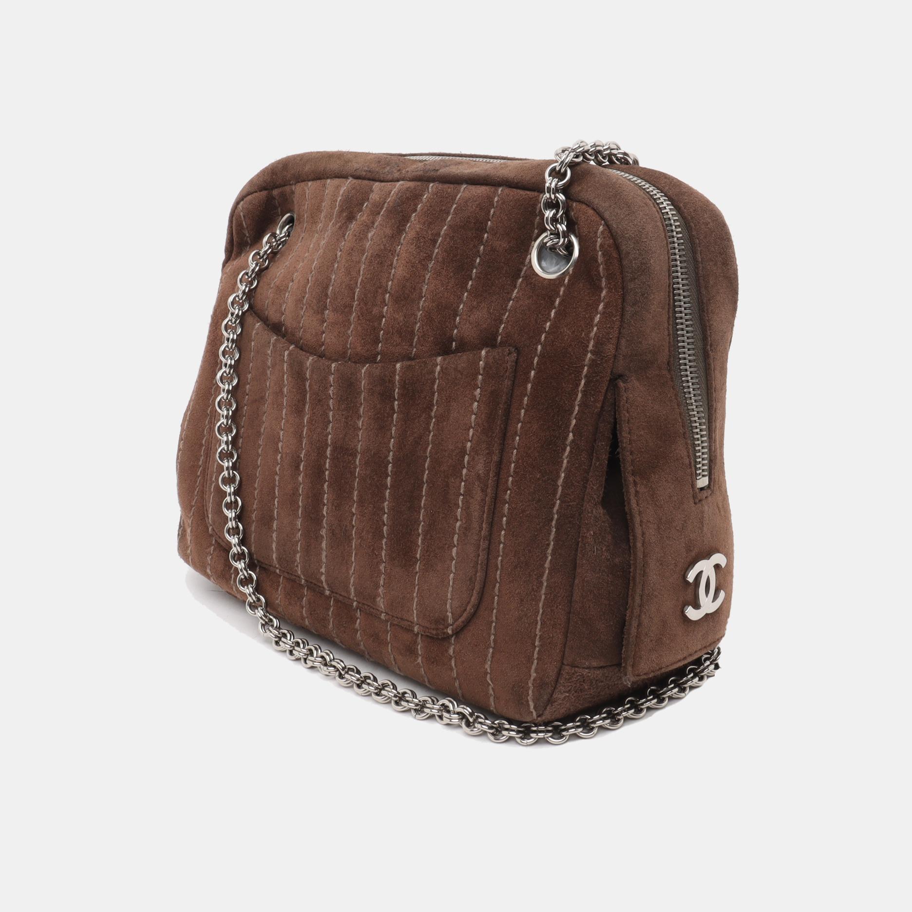 Nero Chanel Mademoiselle Borsa fotografica cioccolato marrone scamosciato catena d'argento 2005-2006