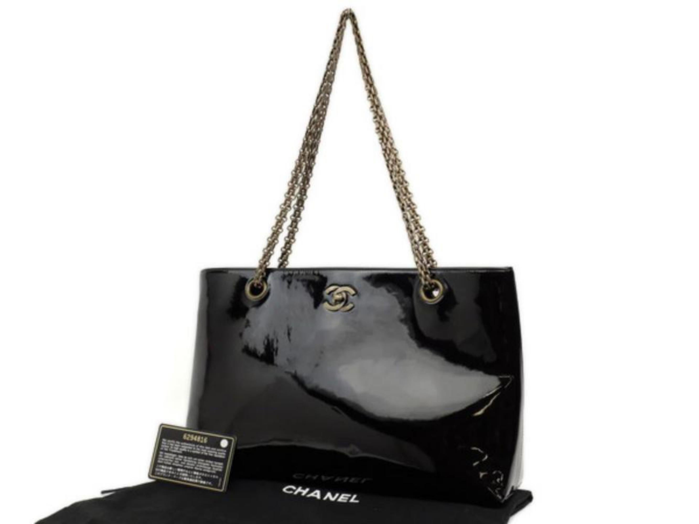 Chanel Mademoiselle Chain 223644 Black Patent Leather Tote For Sale 7