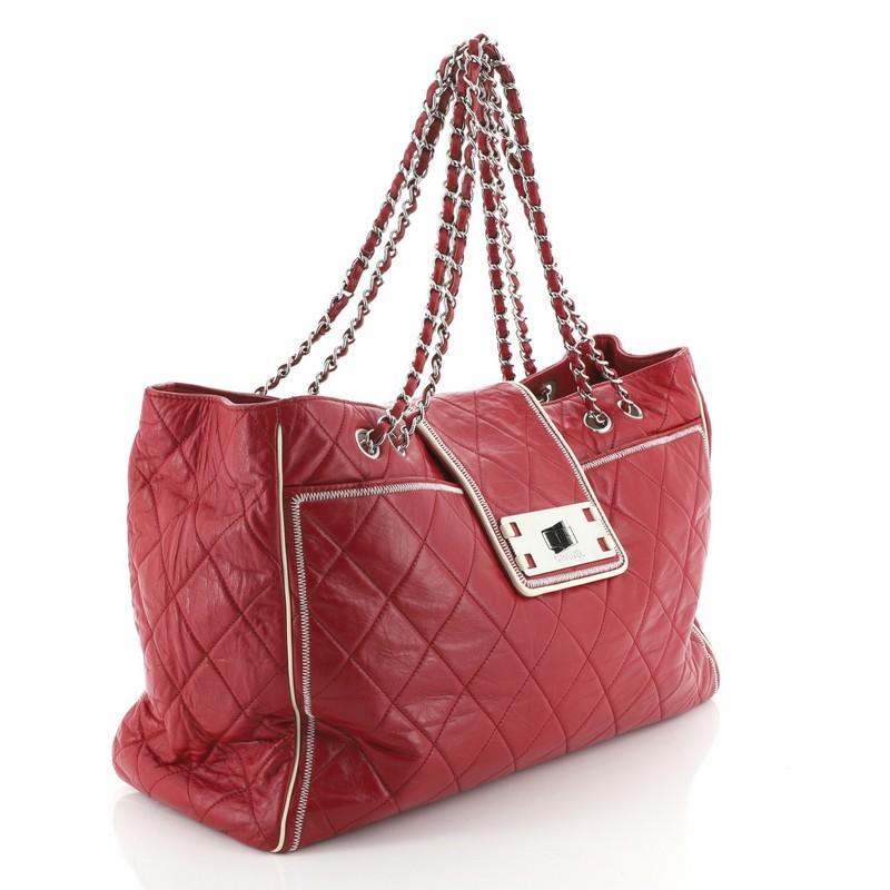 Red Chanel Mademoiselle Lock East West Tote Quilted Leather Large