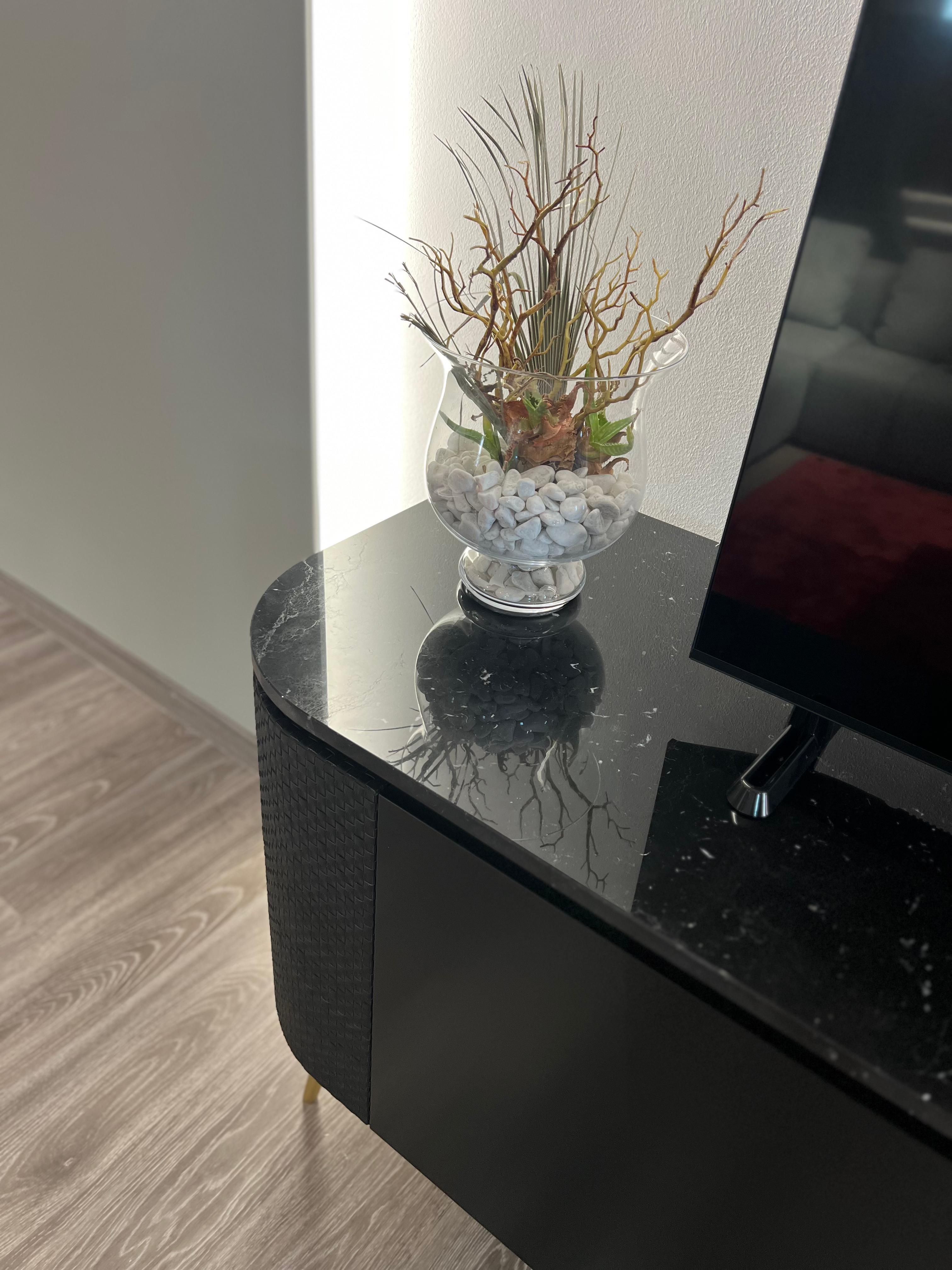 Chanel custom black lacquered marble top sideboard , doors covered in woven leather For Sale 1