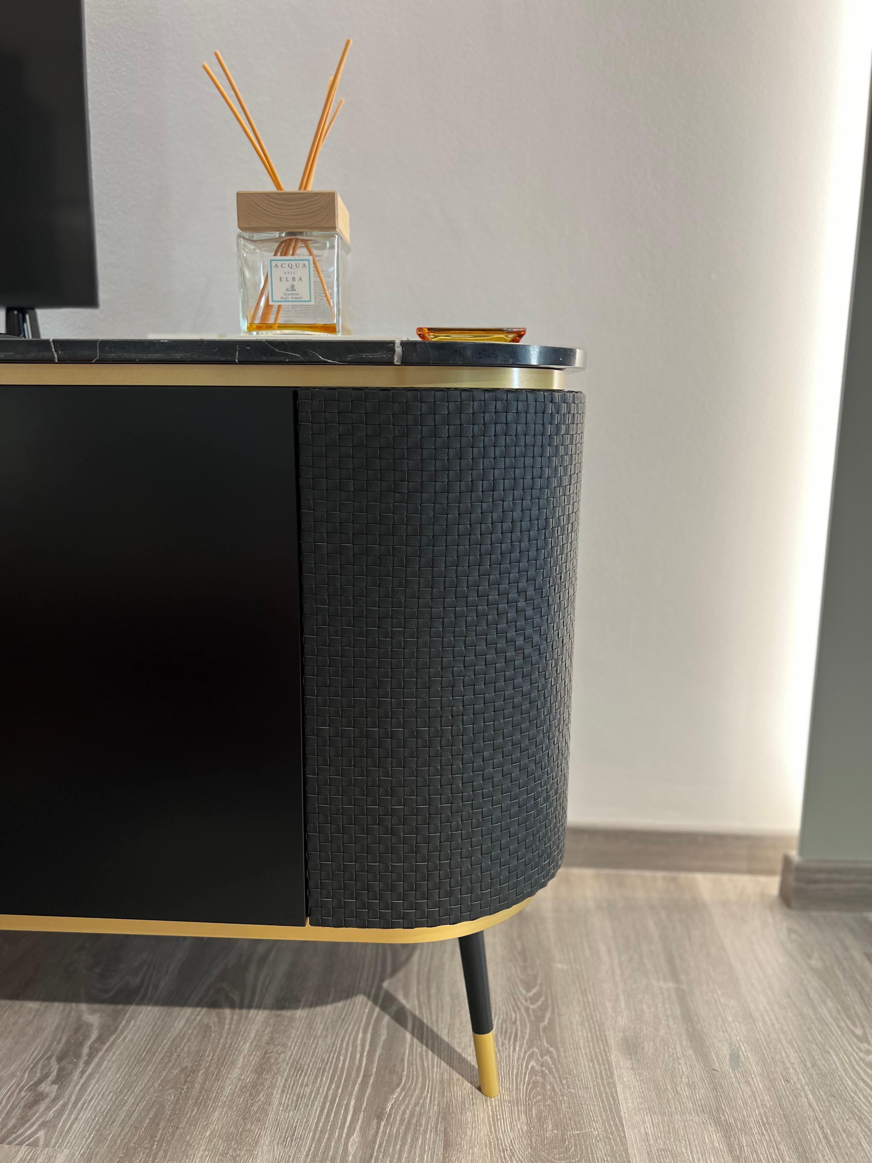 Chanel custom black lacquered marble top sideboard , doors covered in woven leather For Sale 2