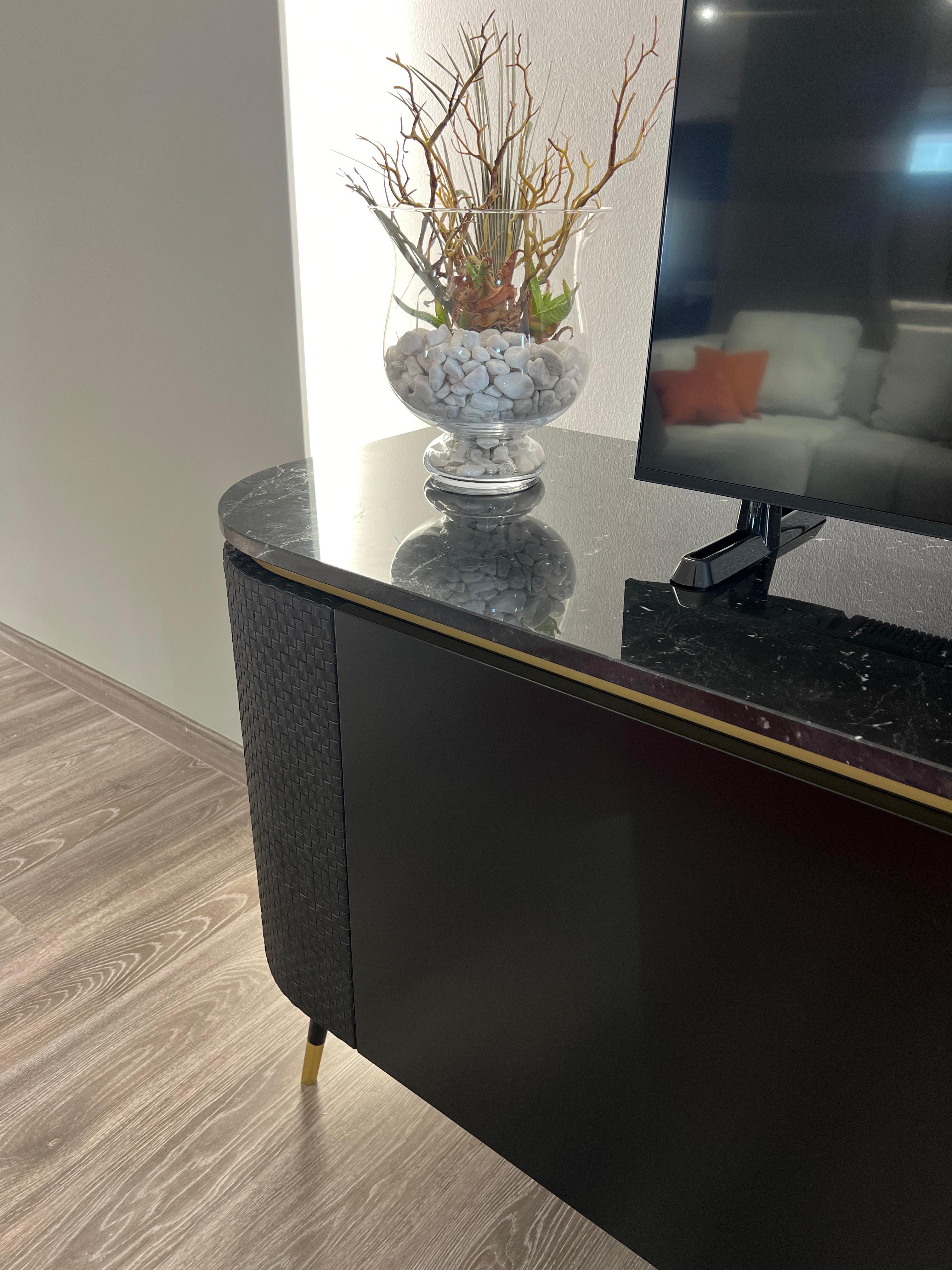 Modern Chanel custom black lacquered marble top sideboard , doors covered in woven leather For Sale