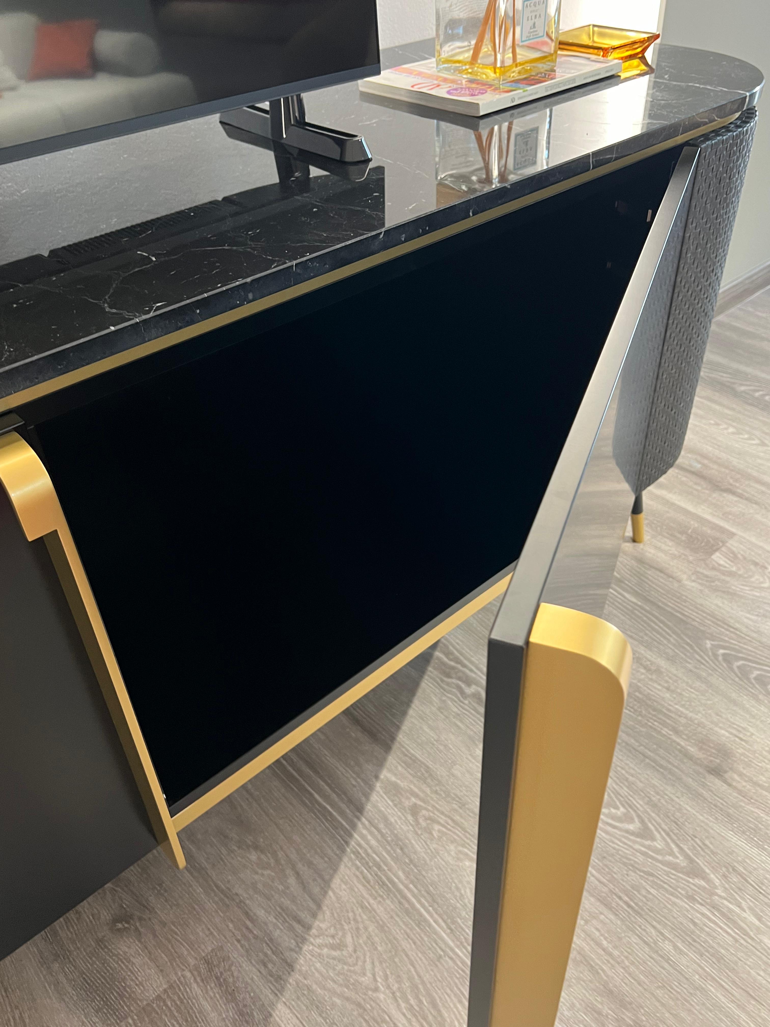 Italian Chanel custom black lacquered marble top sideboard , doors covered in woven leather For Sale