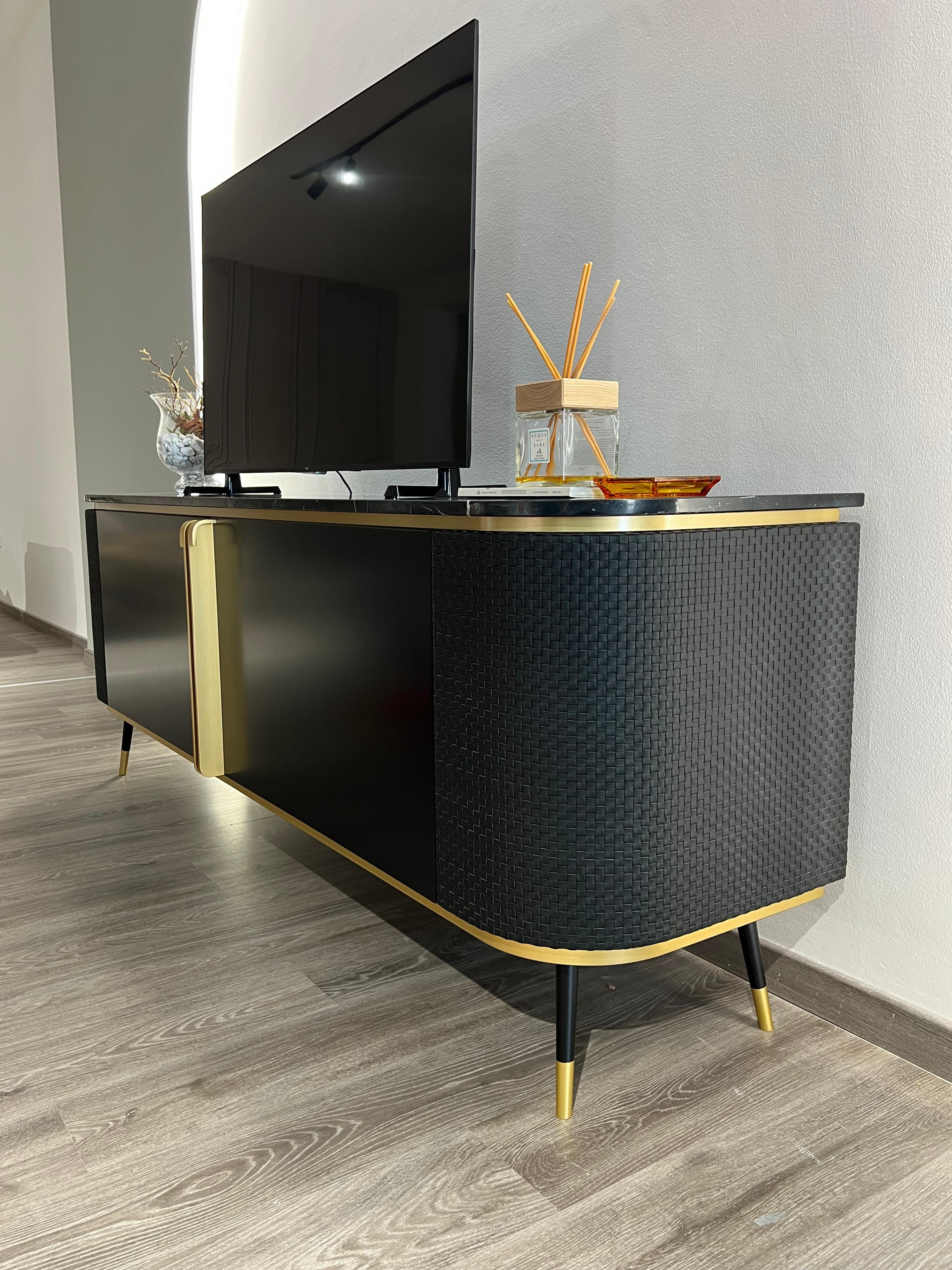 Chanel custom black lacquered marble top sideboard , doors covered in woven leather In New Condition For Sale In Bisceglie, IT