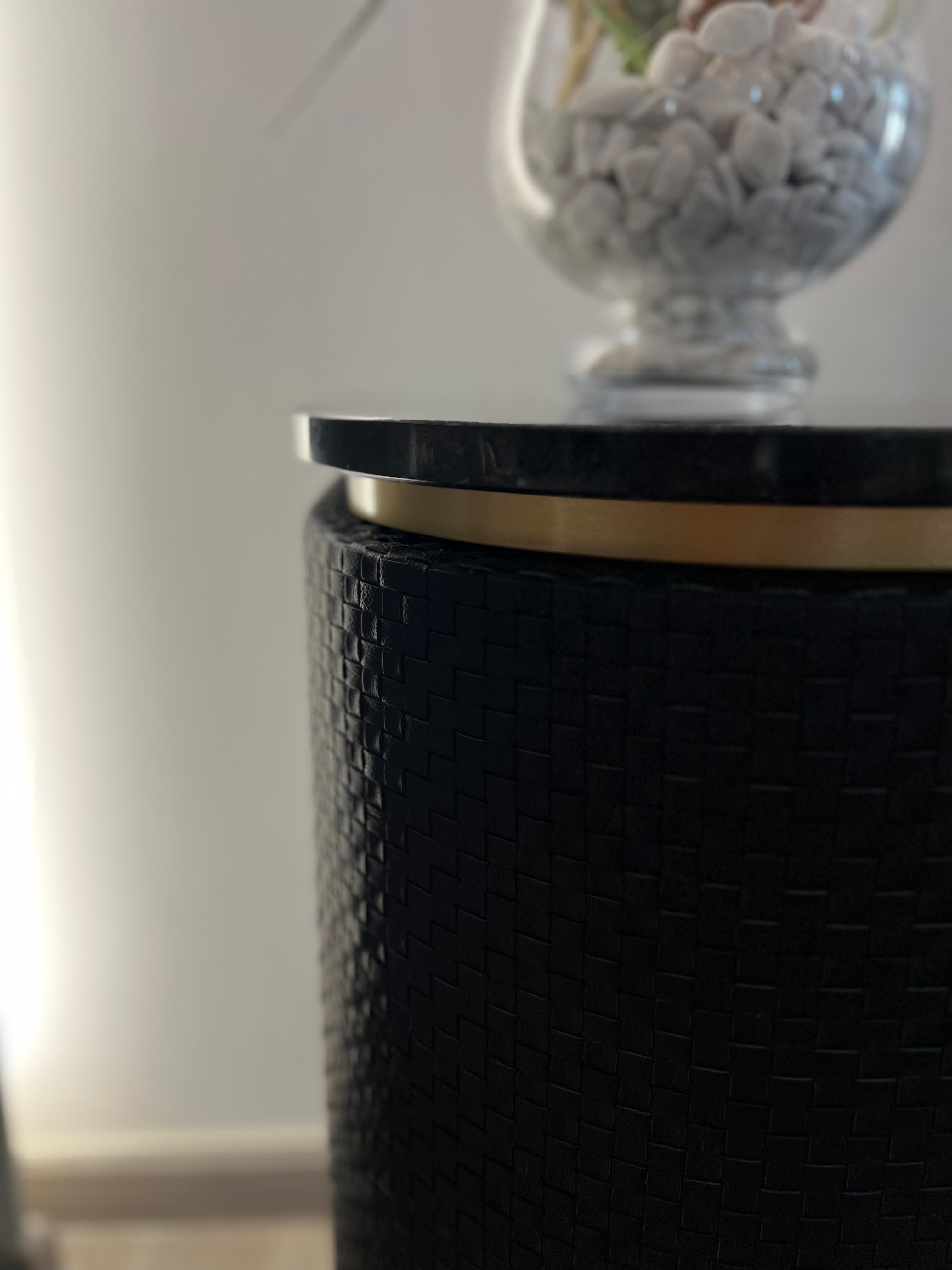 Contemporary Chanel custom black lacquered marble top sideboard , doors covered in woven leather For Sale