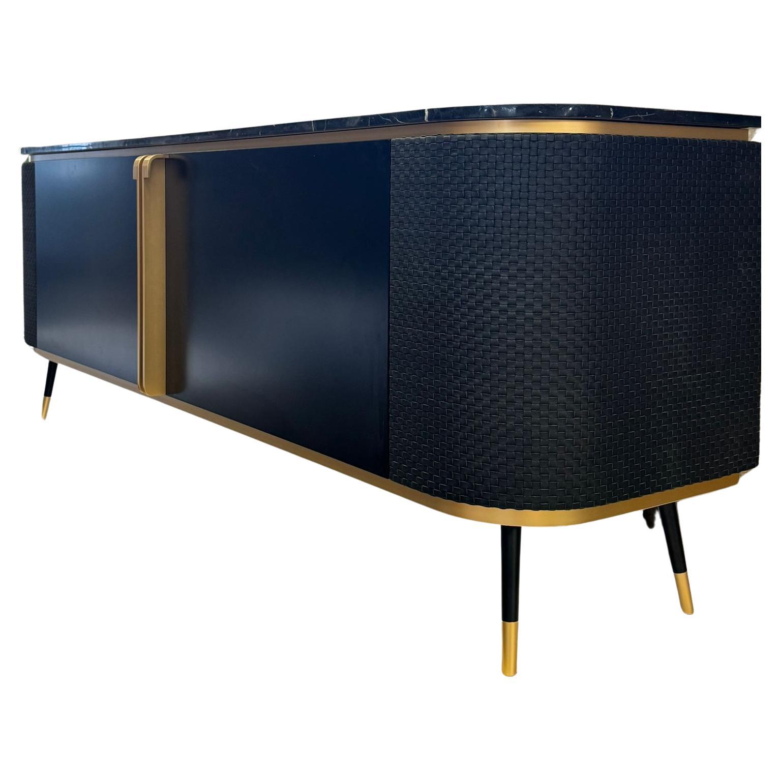 Chanel custom black lacquered marble top sideboard , doors covered in woven leather For Sale