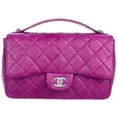 Chanel Magenta Pink Snakeskin Exotic Silver Medium Top Handle Shoulder Flap Bag