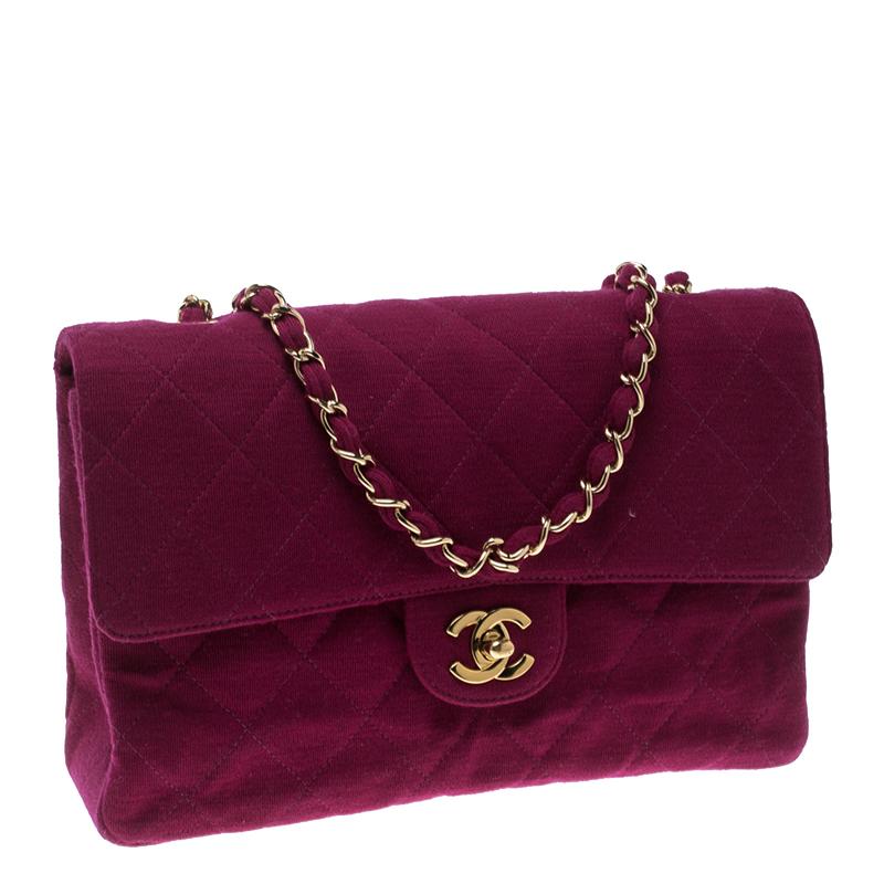 Chanel Magenta Quilted Jersey Medium Classic Single Flap Bag In Good Condition In Dubai, Al Qouz 2