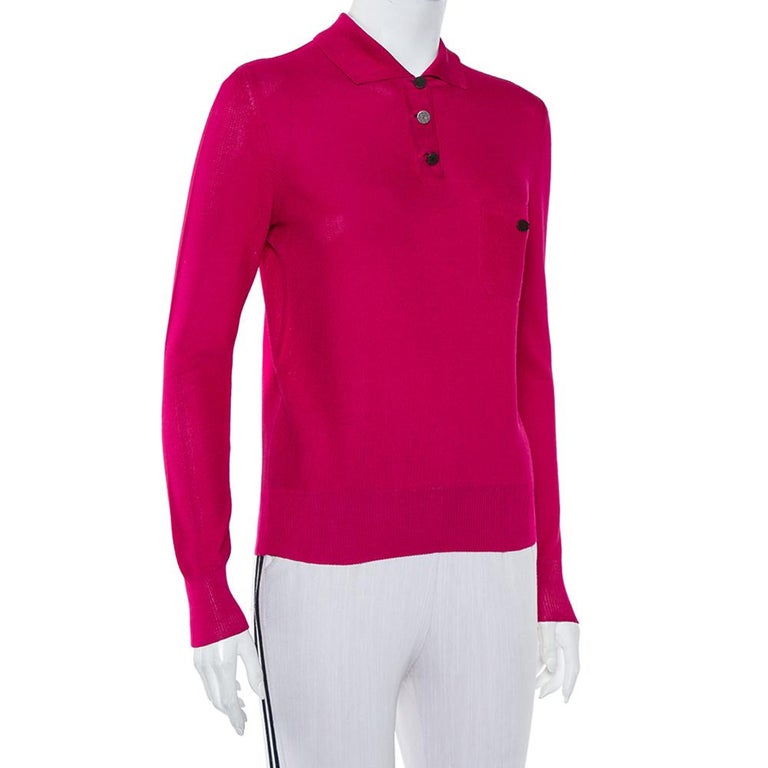 Chanel Magenta Silk Knit Long Sleeve Polo T-Shirt M at 1stDibs