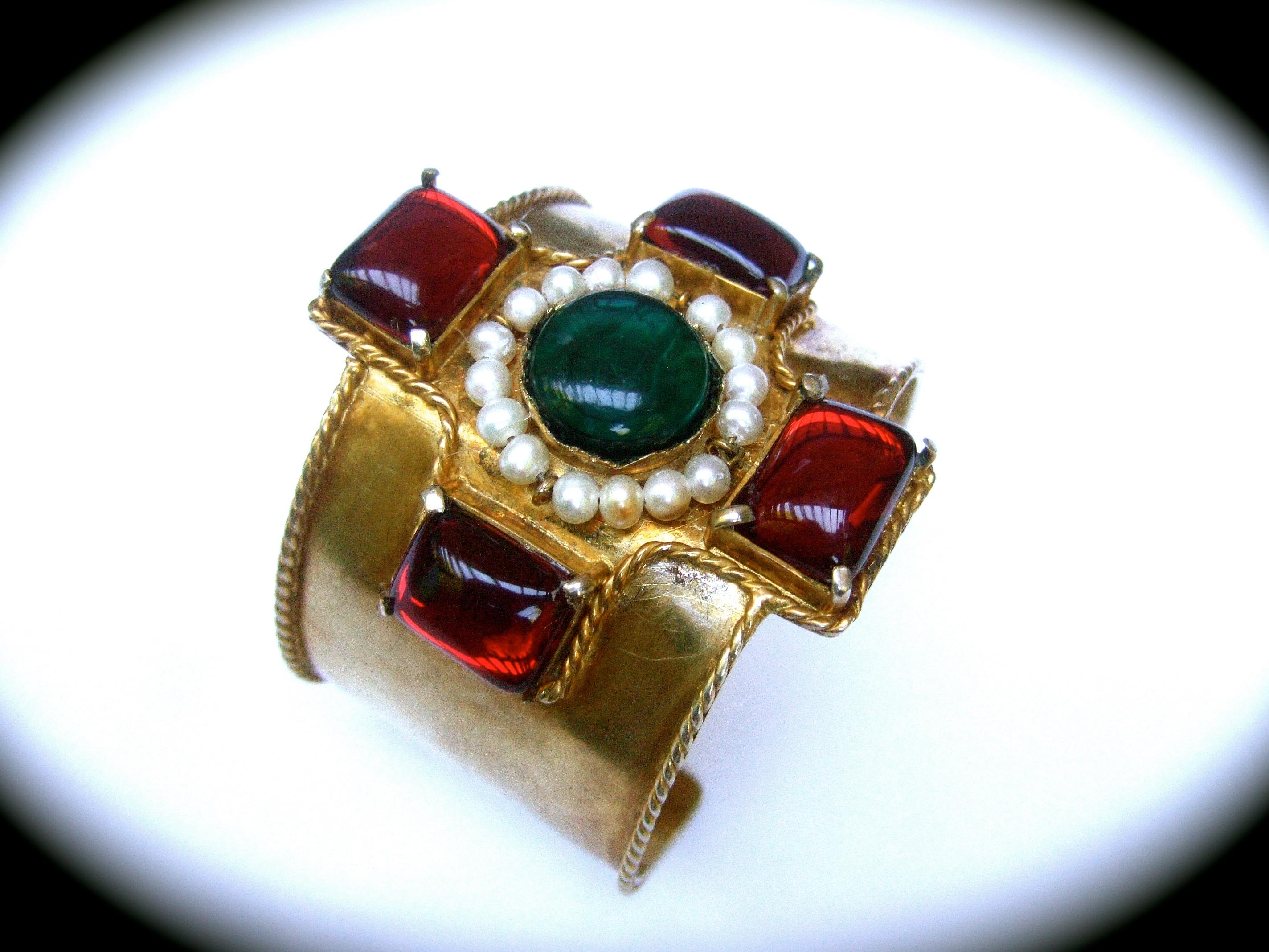 Chanel Maison Gripoix Byzantine Style Poured Glass Gilt Metal Cuff  c 1984 In Good Condition In University City, MO