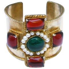 Vintage Chanel Maison Gripoix Byzantine Style Poured Glass Gilt Metal Cuff  c 1984