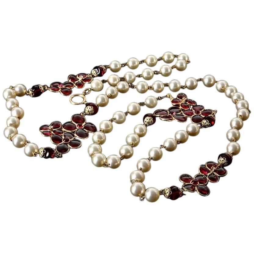 CHANEL MAISON GRIPOIX Poured Glass Flower Pearl Long Necklace