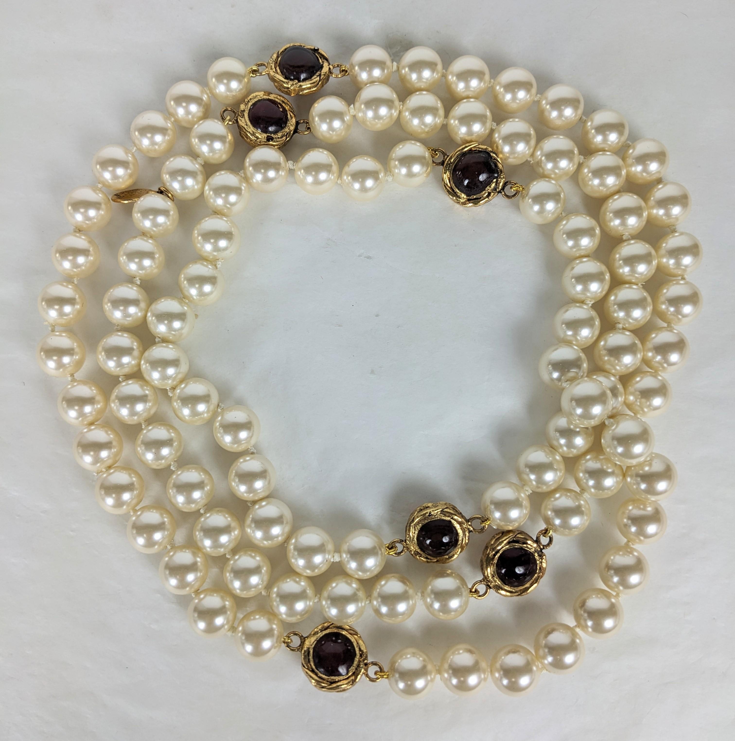 Byzantine Chanel Maison Gripoix Poured Glass Ruby Link Pearl Necklace For Sale
