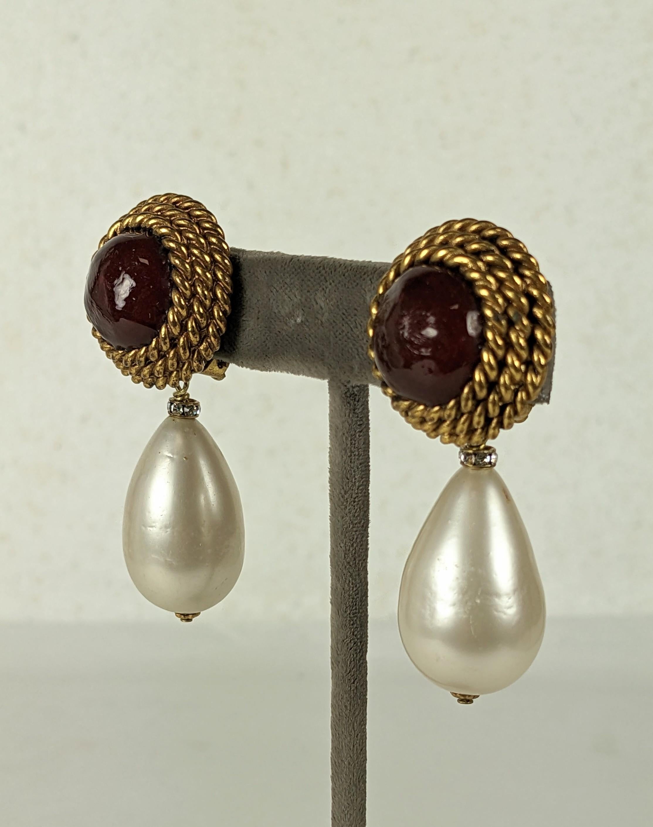 Chanel Maison Gripoix Ruby Pate de Verre and Faux Pearl Earrings In Good Condition For Sale In New York, NY