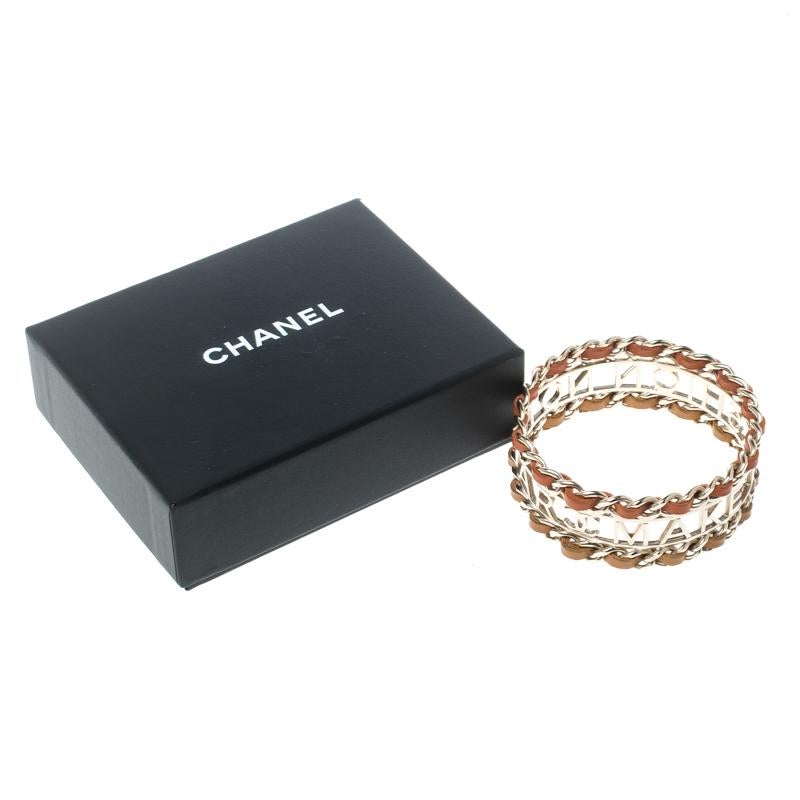 Chanel Make Fashion Not War Orange Leather Gold Tone Wide Bangle Bracelet 20cm 3