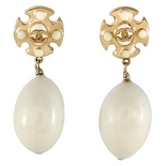 Chanel Maltese Cross Pearl Drop Clip On Earrings