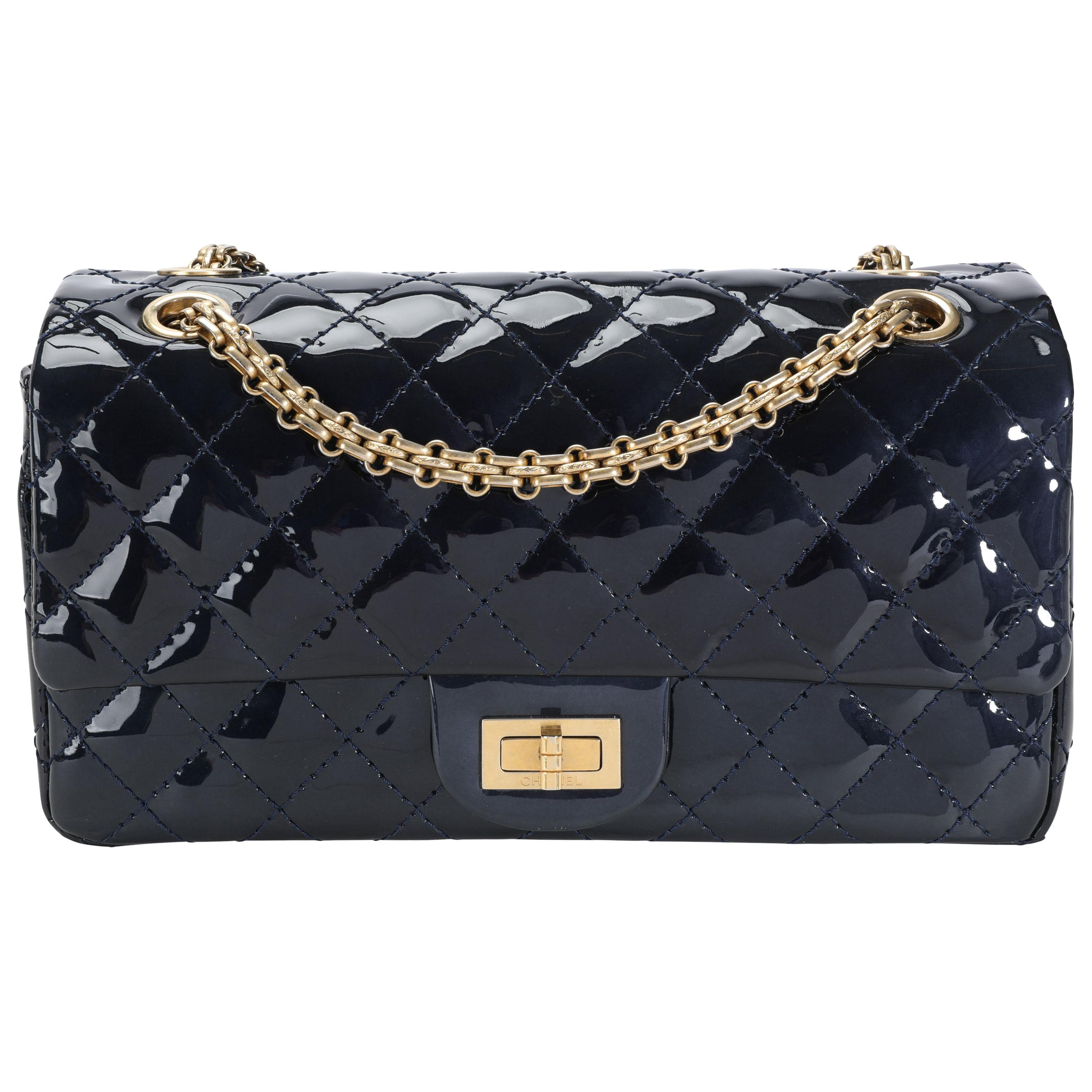 Chanel Marine Foncé Quilted Patent Leather Reissue Double Compartment Flap Bag