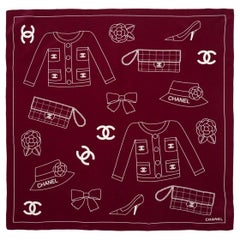 Chanel Maroon 22" Silk Square Scarf W/ Iconic Motif Print
