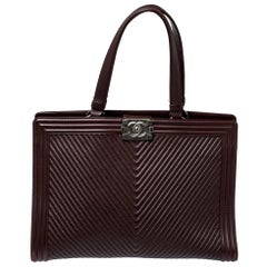 Chanel Maroon Chevron Quilted Leather Large Boy Shopping Tote