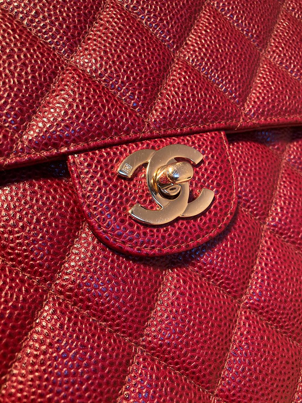 Chanel Maroon Quilted Caviar Leather Maxi Classic Flap Shoulder Bag In Excellent Condition In Philadelphia, PA