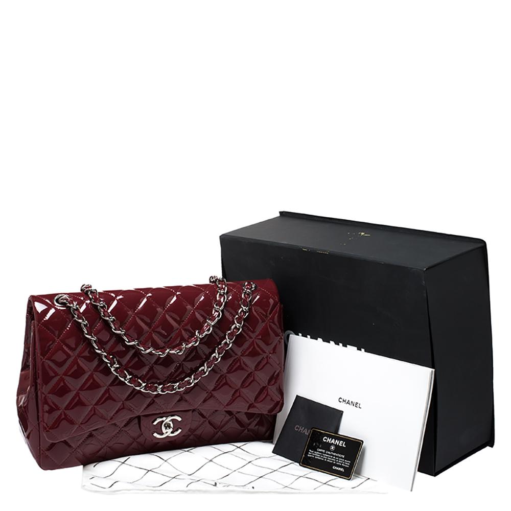 Chanel Maroon Quilted Patent Leather Maxi Classic Double Flap Bag 7