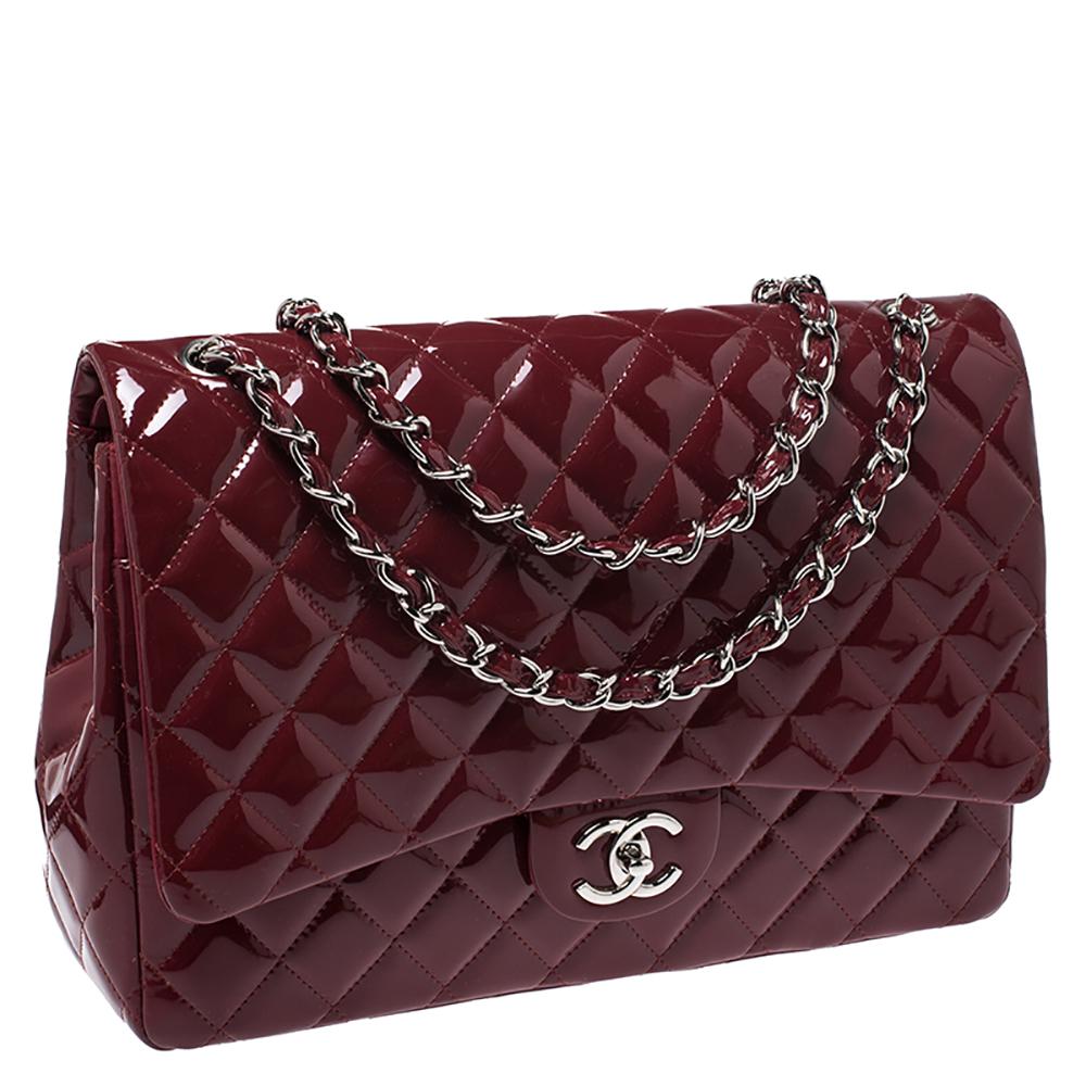 Chanel Maroon Quilted Patent Leather Maxi Classic Double Flap Bag 1